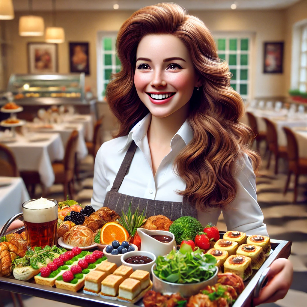 A hyper-realistic depiction of a happy and smiling female caterer bringing an array of beautifully presented food on a large tray. She has long