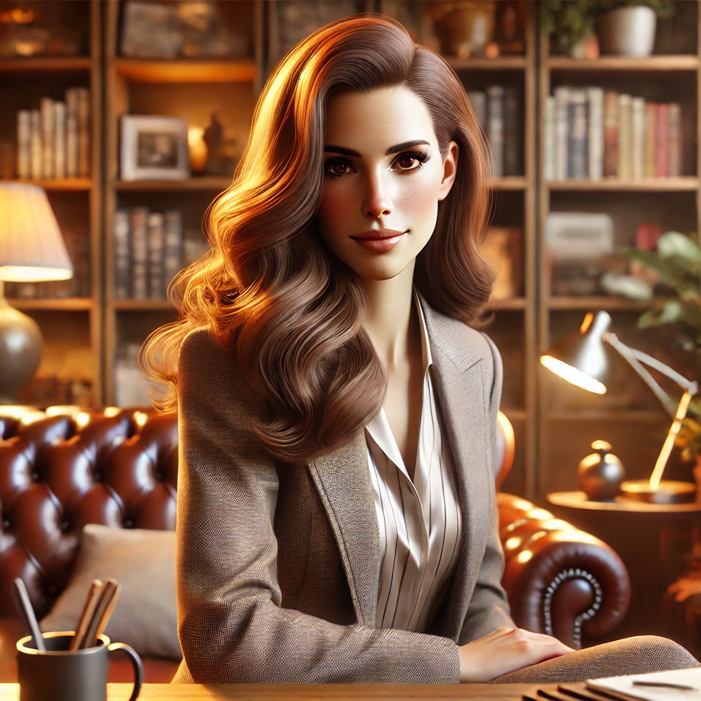 A hyper-realistic depiction of a professional and approachable female psychologist sitting in a cozy office environment. She has long, flowing,