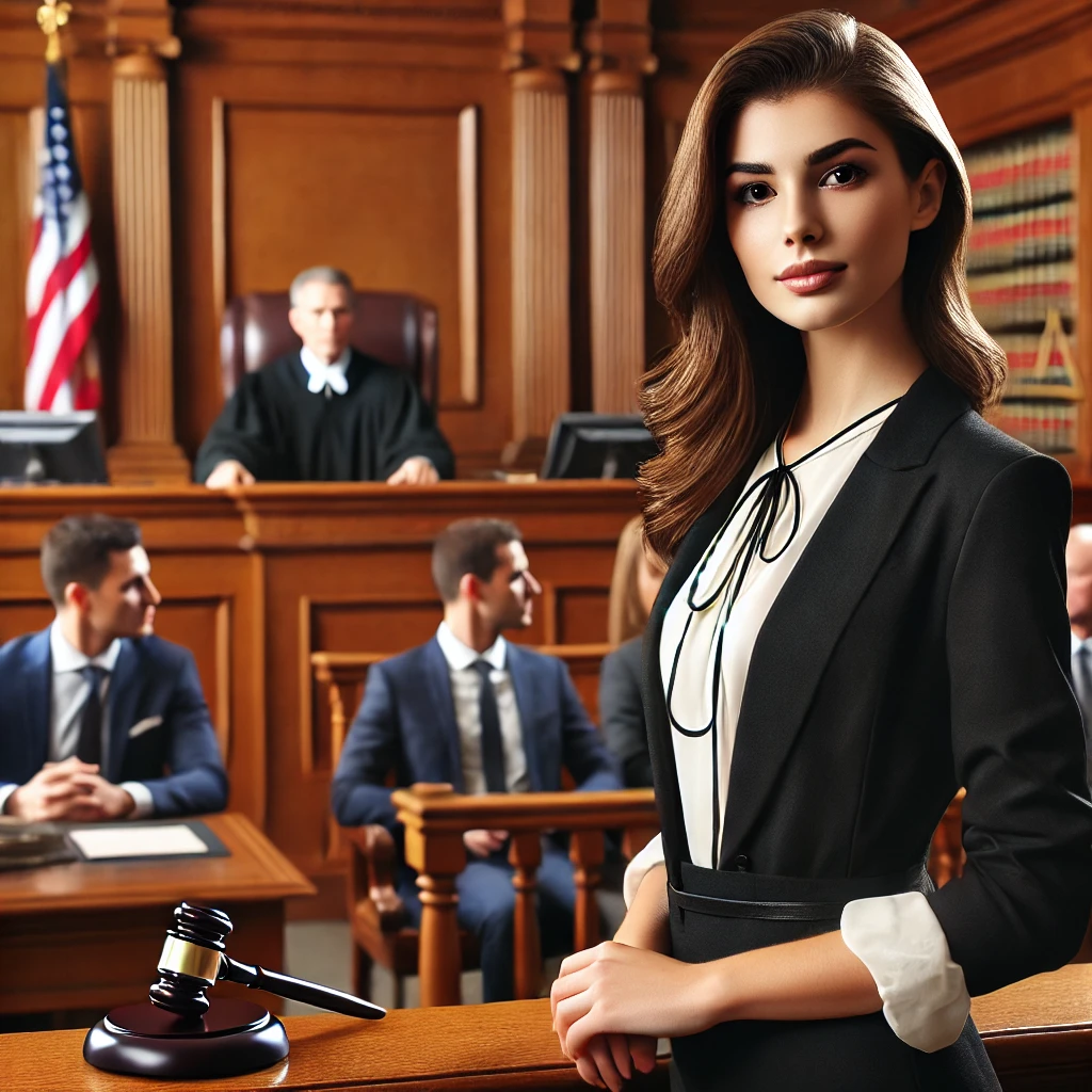 A professional image of a beautiful young woman working as a lawyer in a courtroom. She is standing confidently in front of a judge's bench.