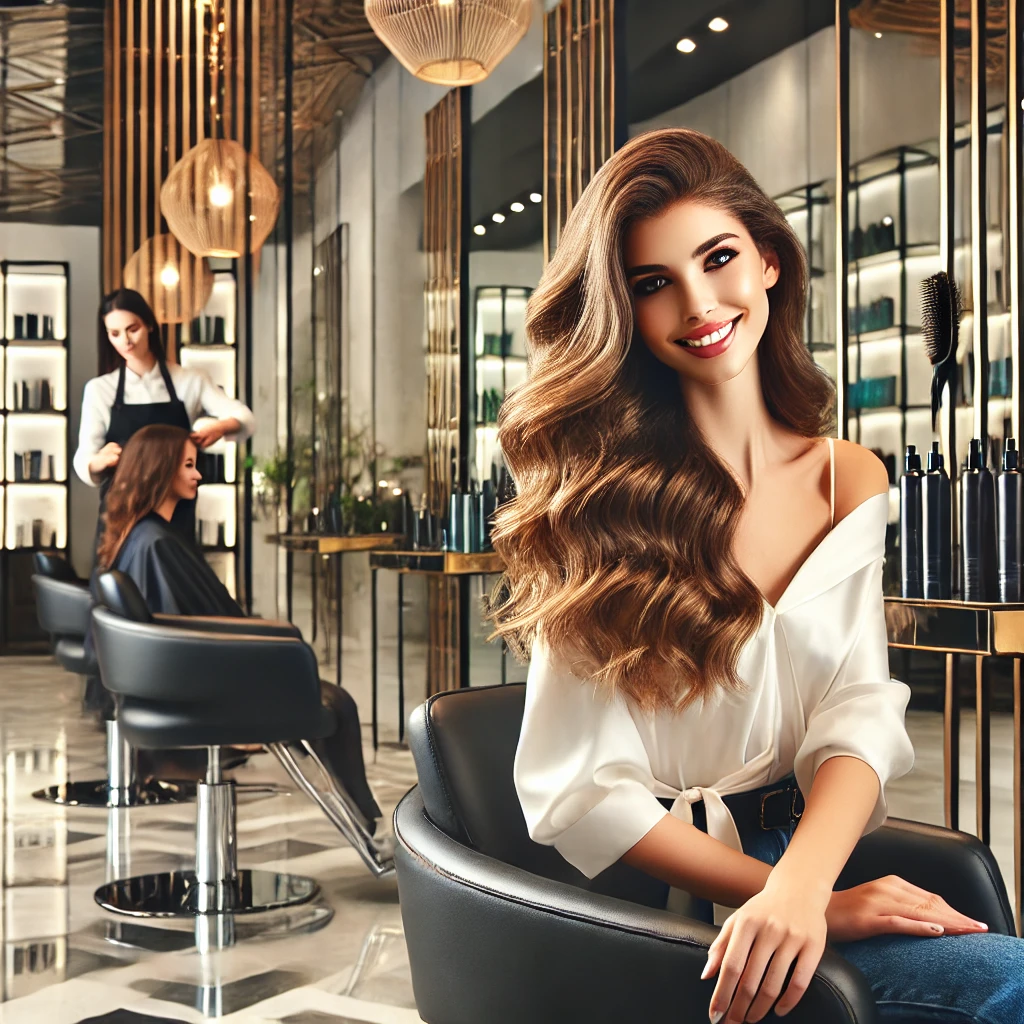 A stylish image of a beautiful young woman in a hair salon. She is seated in a modern salon chair, her hair being styled by a professional hairstylist