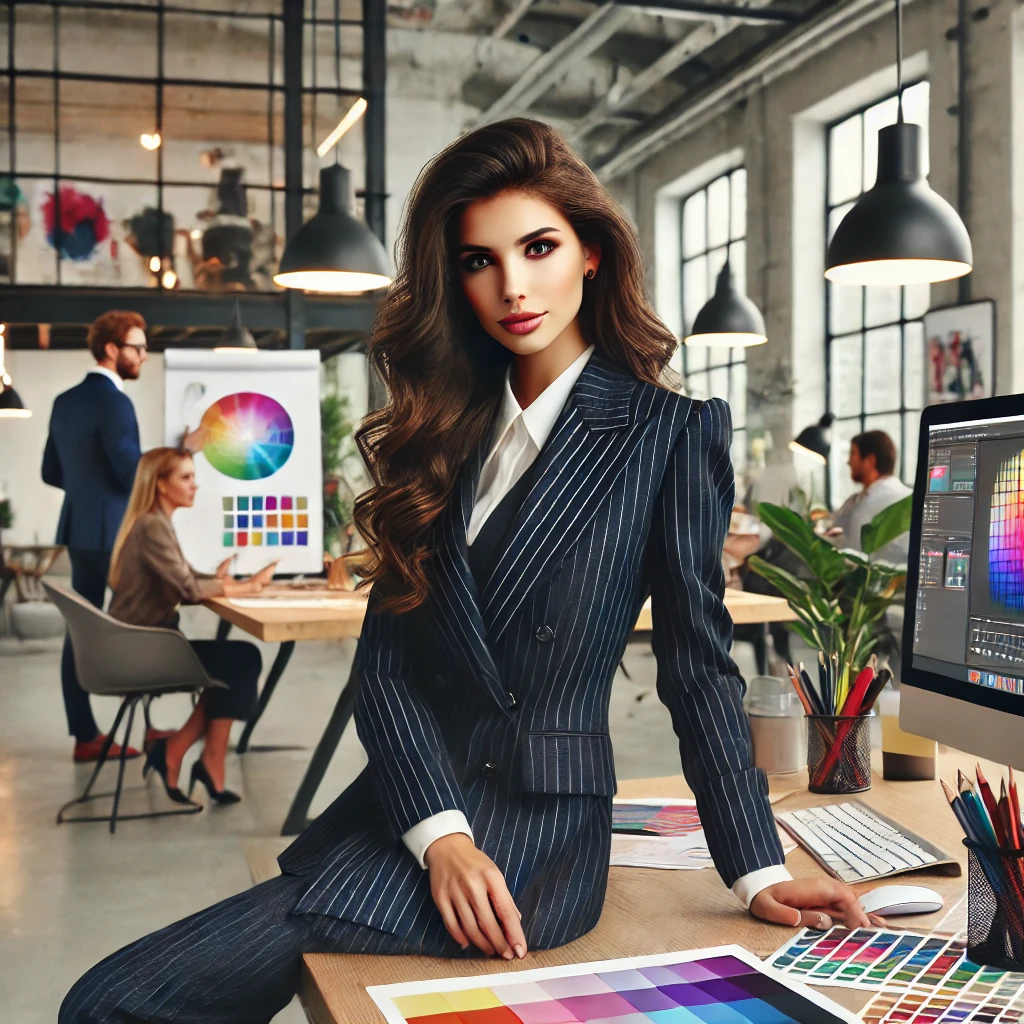 A stylish image of a beautiful young woman working in a design agency. She is seated at a modern desk with a sleek computer, surrounded by creative people.