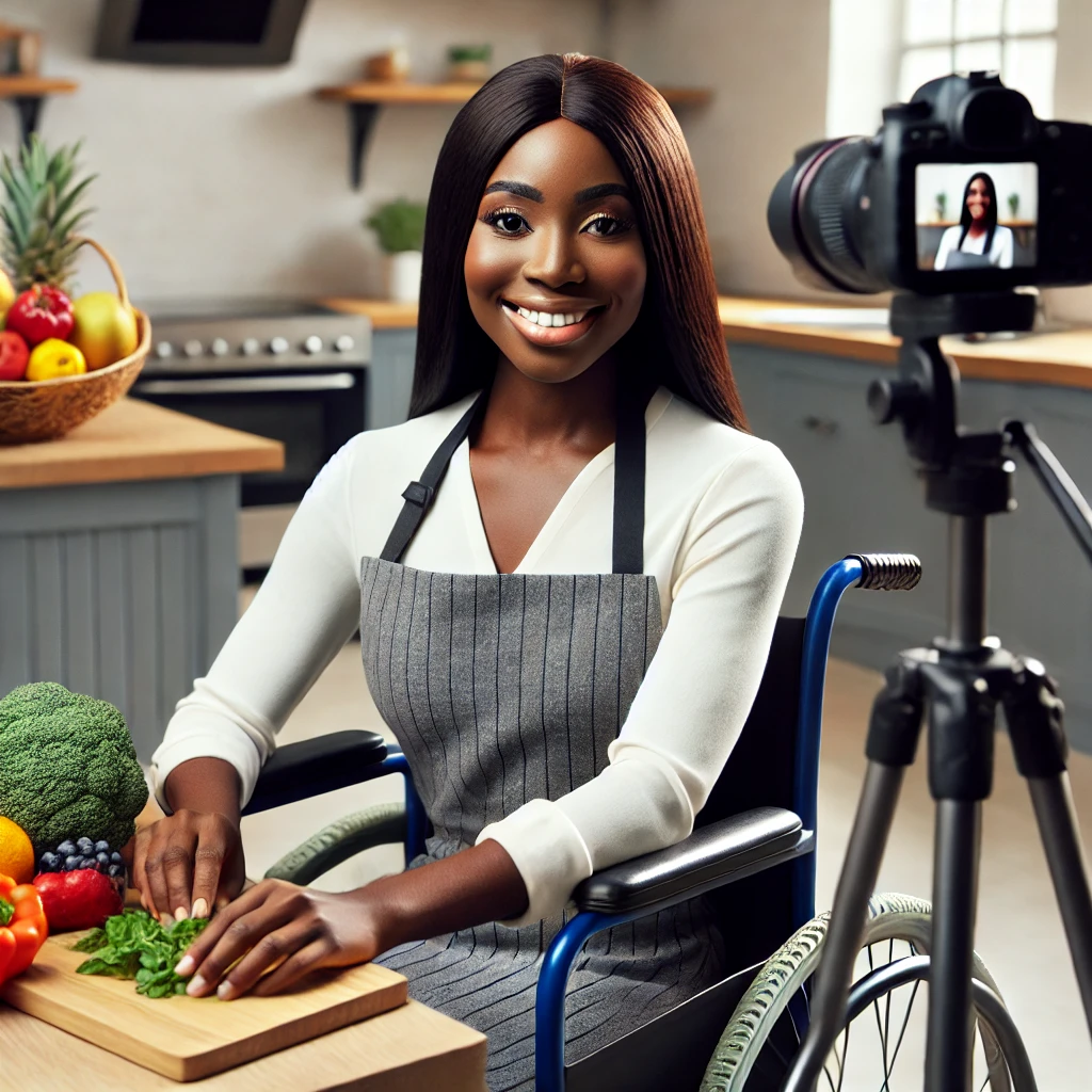 An-ultra-realistic-depiction-of-a-female-nutritionist-with-black-skin-sitting-in-a-wheelchair-preparing-food-for-a-video-demonstration